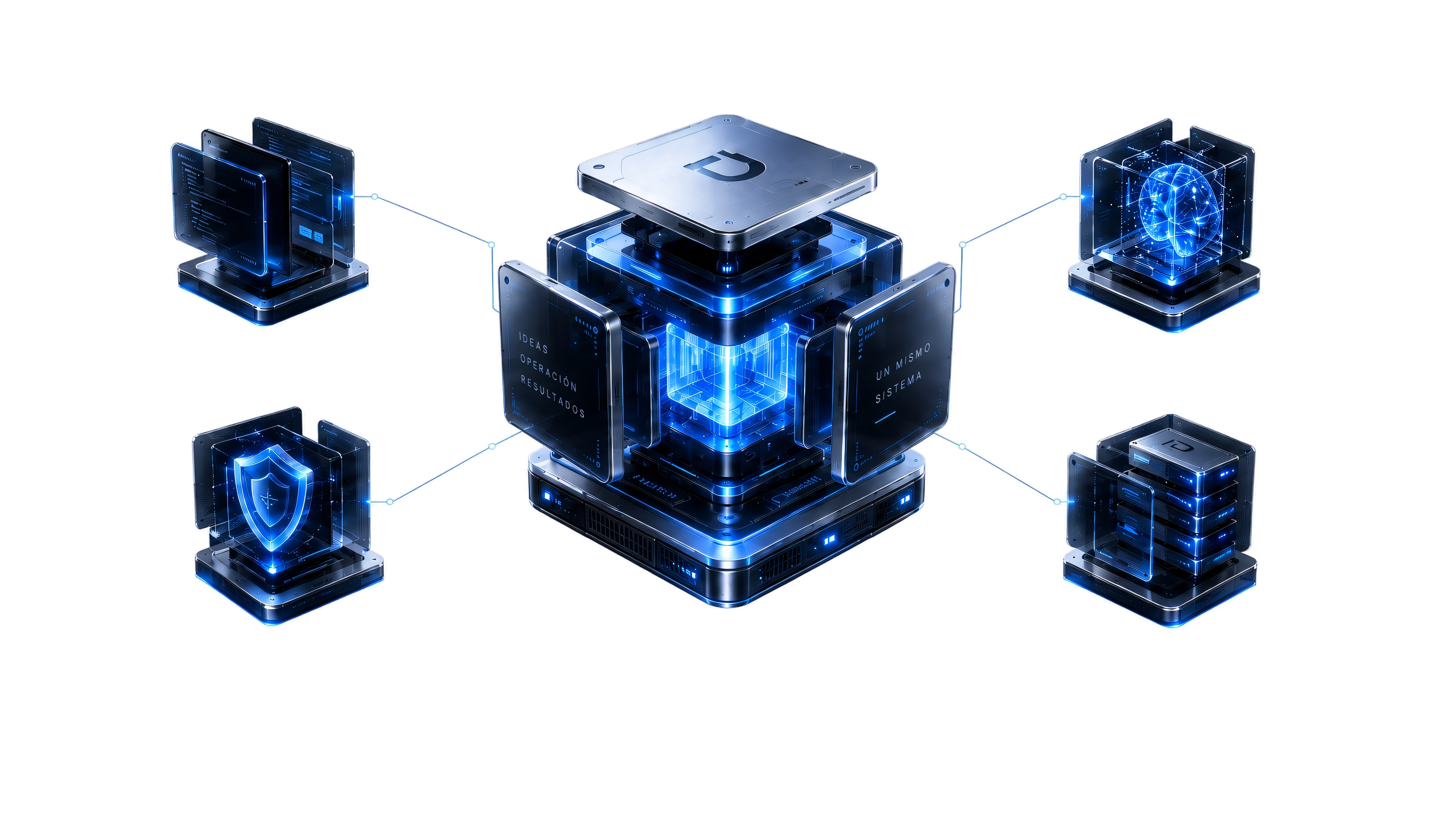 Núcleo modular DataGuards conectado a cuatro sistemas: software, inteligencia artificial, ciberseguridad e infraestructura.
