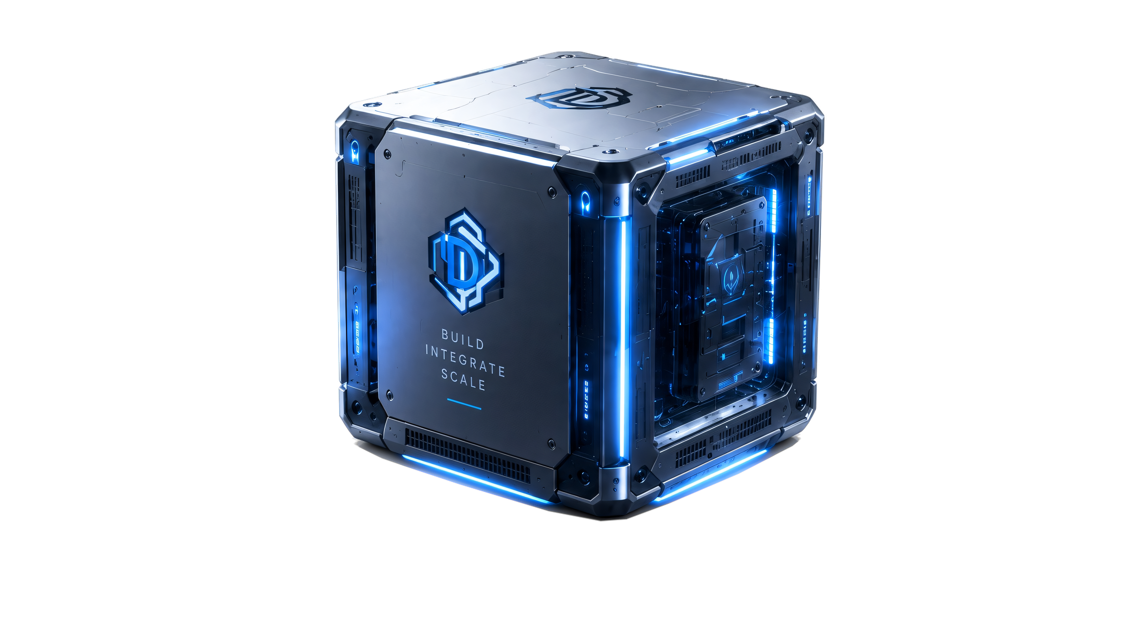 Cubo DataGuards ensamblado y encendido, listo para operar, con superficies metálicas e iluminación azul.